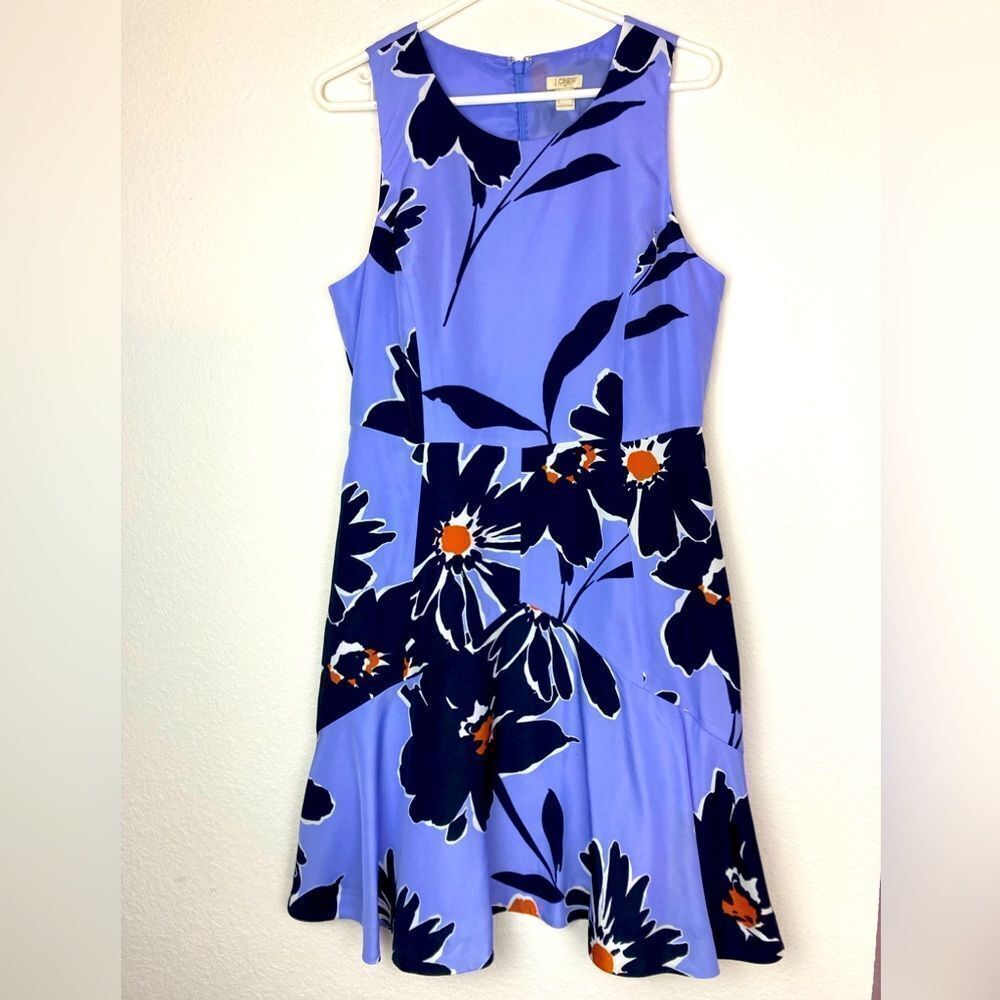 J. Crew Floral Sleeveless Dress in Periwinkle Blue w/Burnt Orange,Black & White
